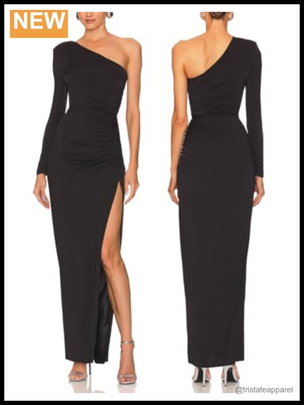 One Shoulder Long Sleeve Maxi Dress Ruched Waist Slit Bodycon